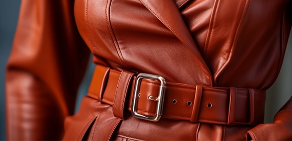 a red leather coat with a belt 